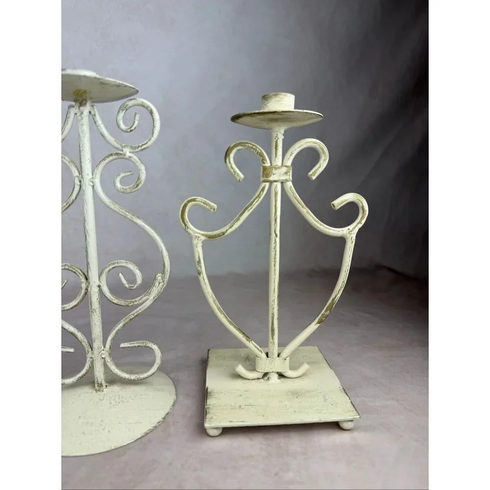 Vintage 90s Ivory Iron Candlestick Holders Scroll Cottagecore Shabby Chic Set of